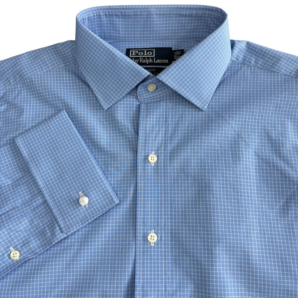 Ralph Lauren Regent French Cuff Dress Shirt Mens 17 x 37 Classic Fit Blue Check